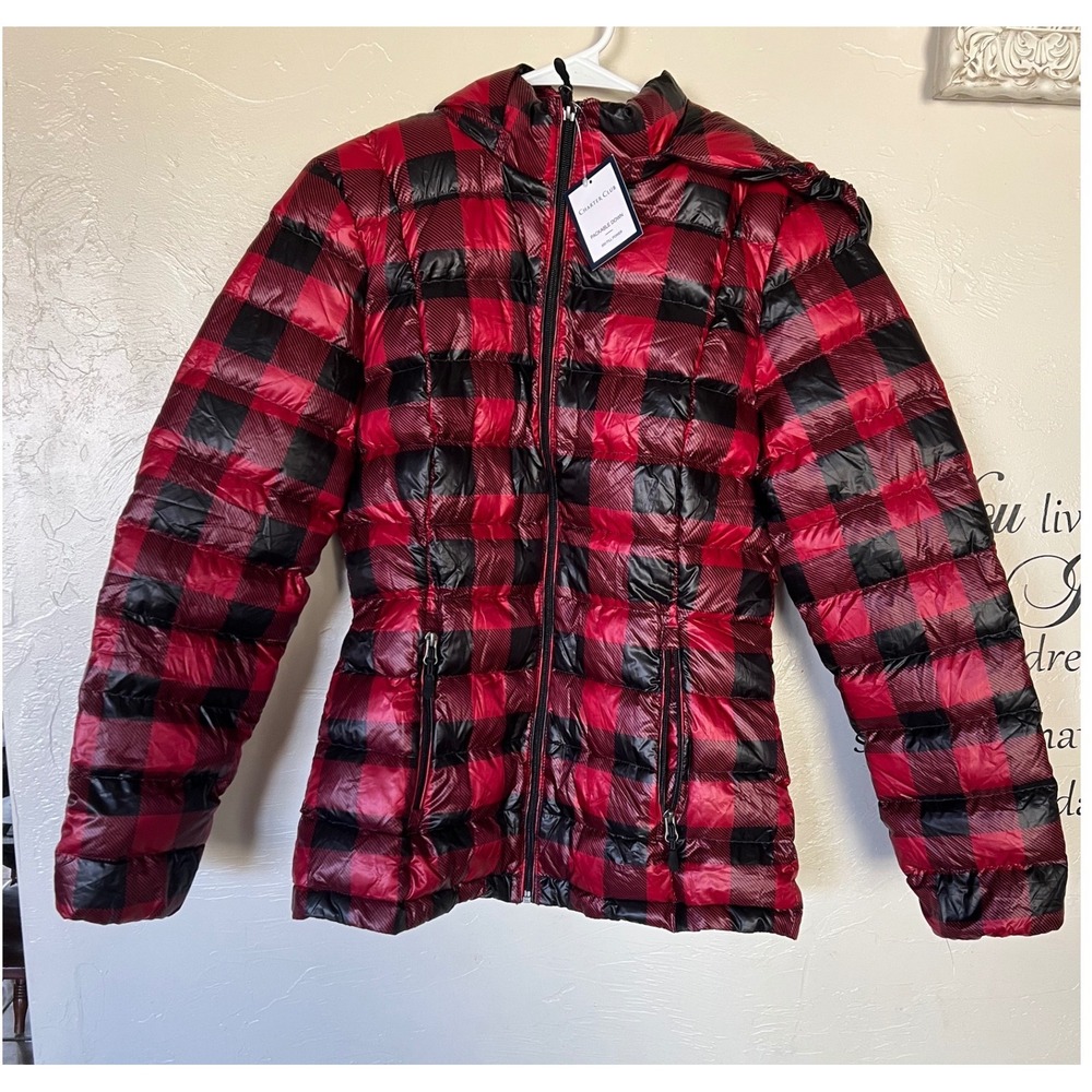 Charter Club Womens Packable Down puffer Jacket Red Black Buffalo Plaid XS New